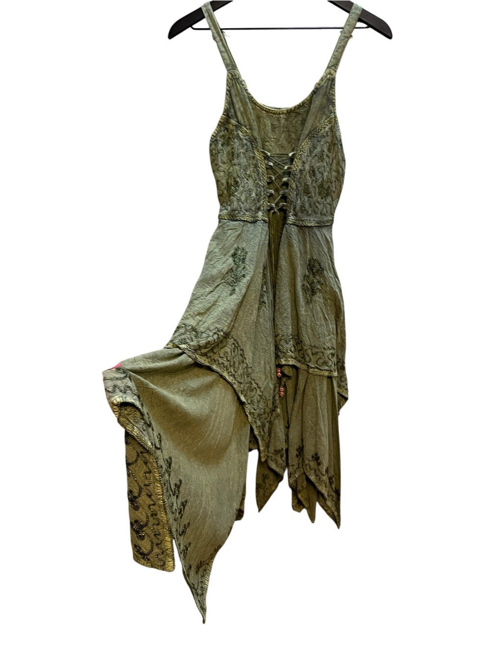 Fairycore Olive Green Lace-Up Handkerchief Hem Dress one size - Picture 4 of 15